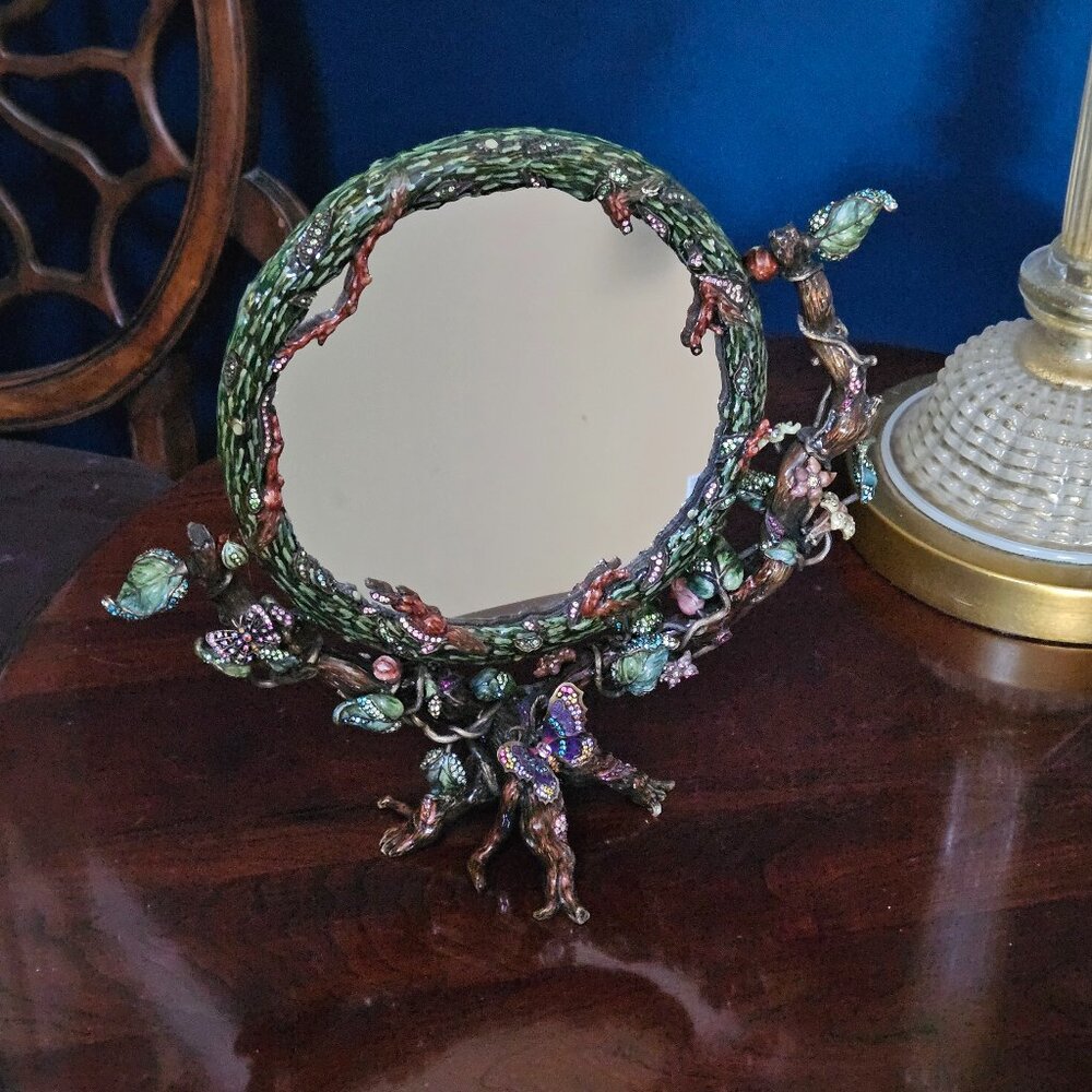 LUXURY JAY STRONGWATER FLORA & FAUNA CRYSTAL ENAMEL FLIP 2 SIDED MIRROR OBJET
